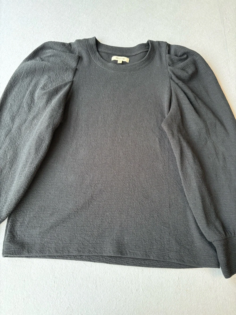 Madewell Brushed Puff Sleeve Top Black Scoop Neck Long Sleeve Textured Knit Sz M